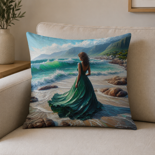 45 × 45 cm cotton scatter cushion cover featuring a woman in a green dress beside turquoise ocean waves, displayed on a neutral cream sofa.