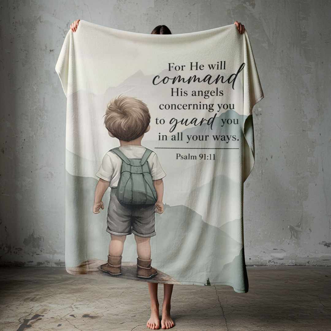 Psalm 91 verse 11 lightweight fleece blanket for boys on a bed with mountain design.