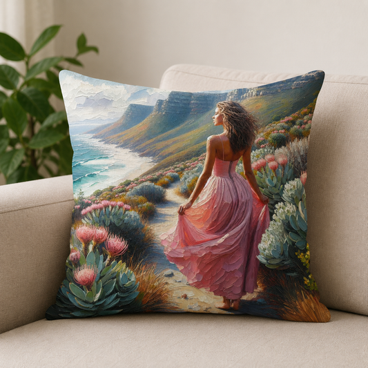45 × 45 cm cotton scatter cushion cover featuring a woman in a pink dress, Table Mountain, the ocean and proteas, shown on a neutral sofa.