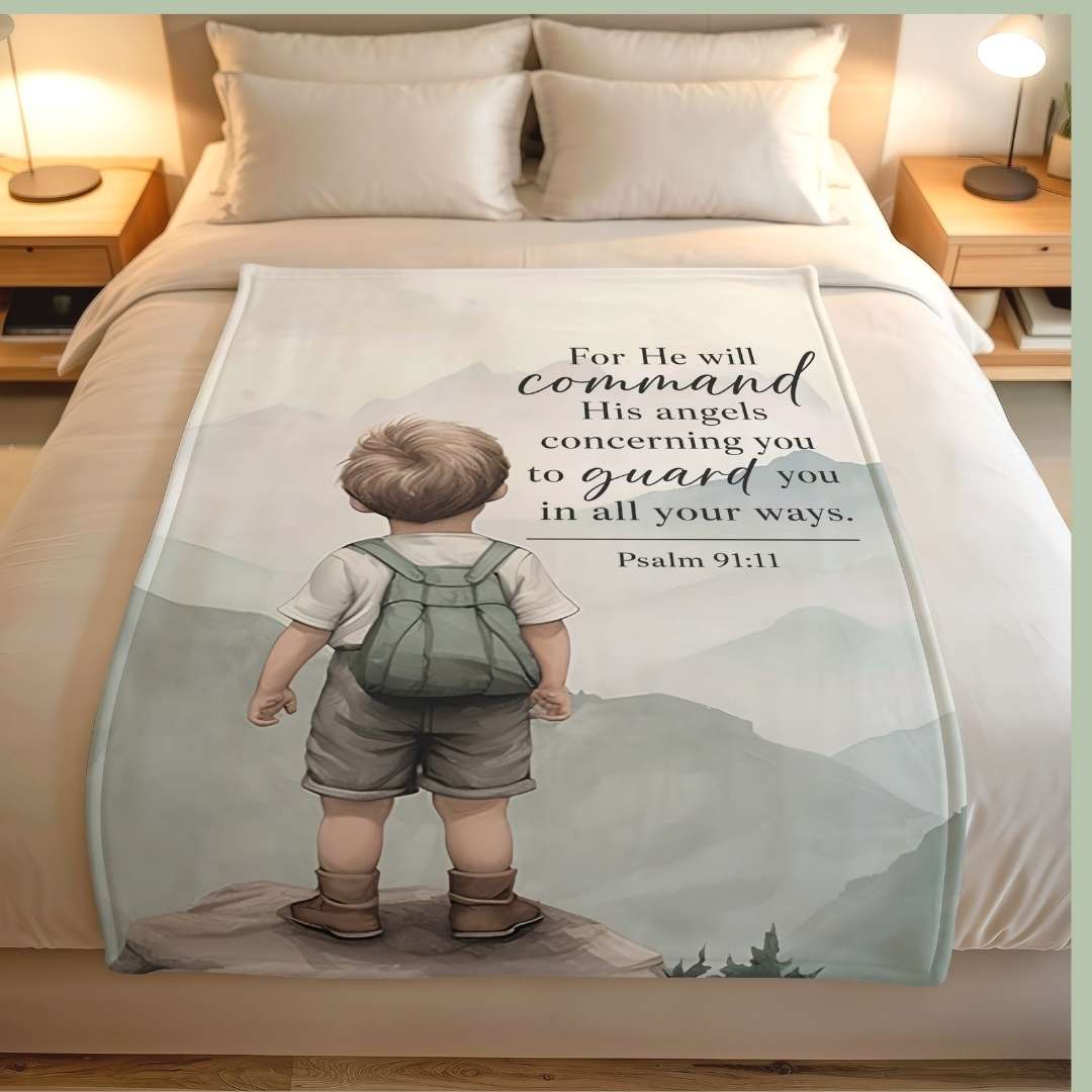 Christian blessing blanket for a little boy featuring Psalm 91:11 and soft neutral colours.