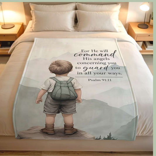Christian blessing blanket for a little boy featuring Psalm 91:11 and soft neutral colours.
