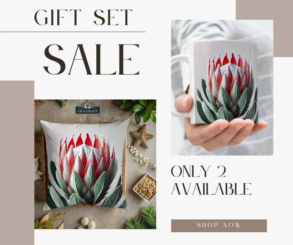 Protea scatter cushion cover with matching designer custom coffee mug
