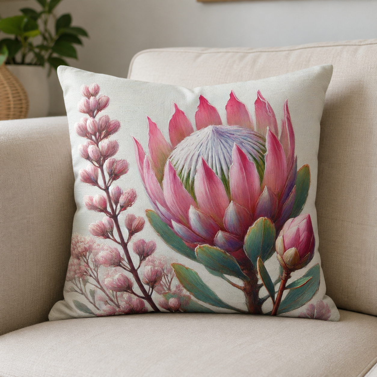 Two 45 × 45 cm cotton scatter cushion covers with a pink protea floral design on a neutral cream sofa.