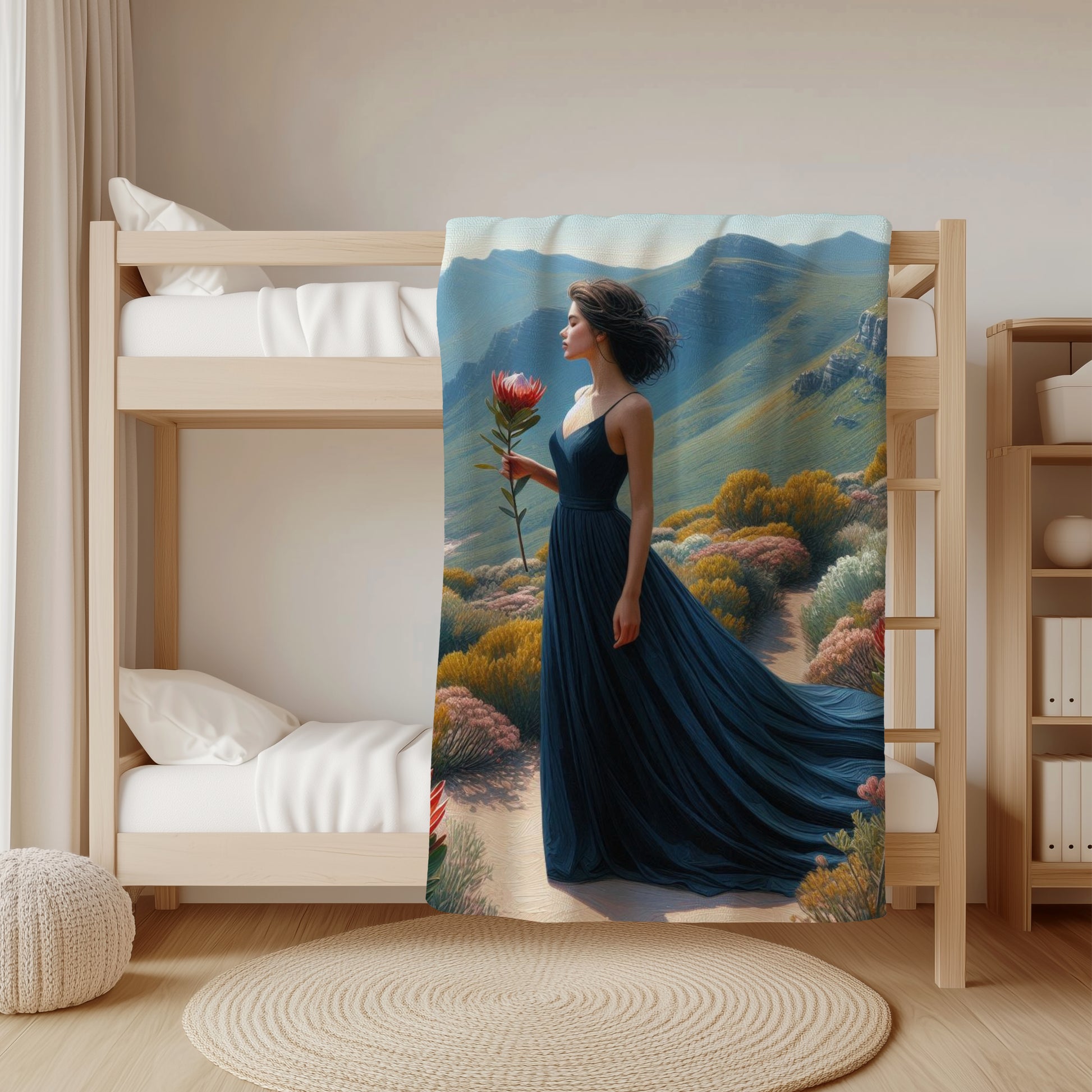 Woman in a blue dress holding a red flower with mountains in the background, hanging on a wall above a bed.