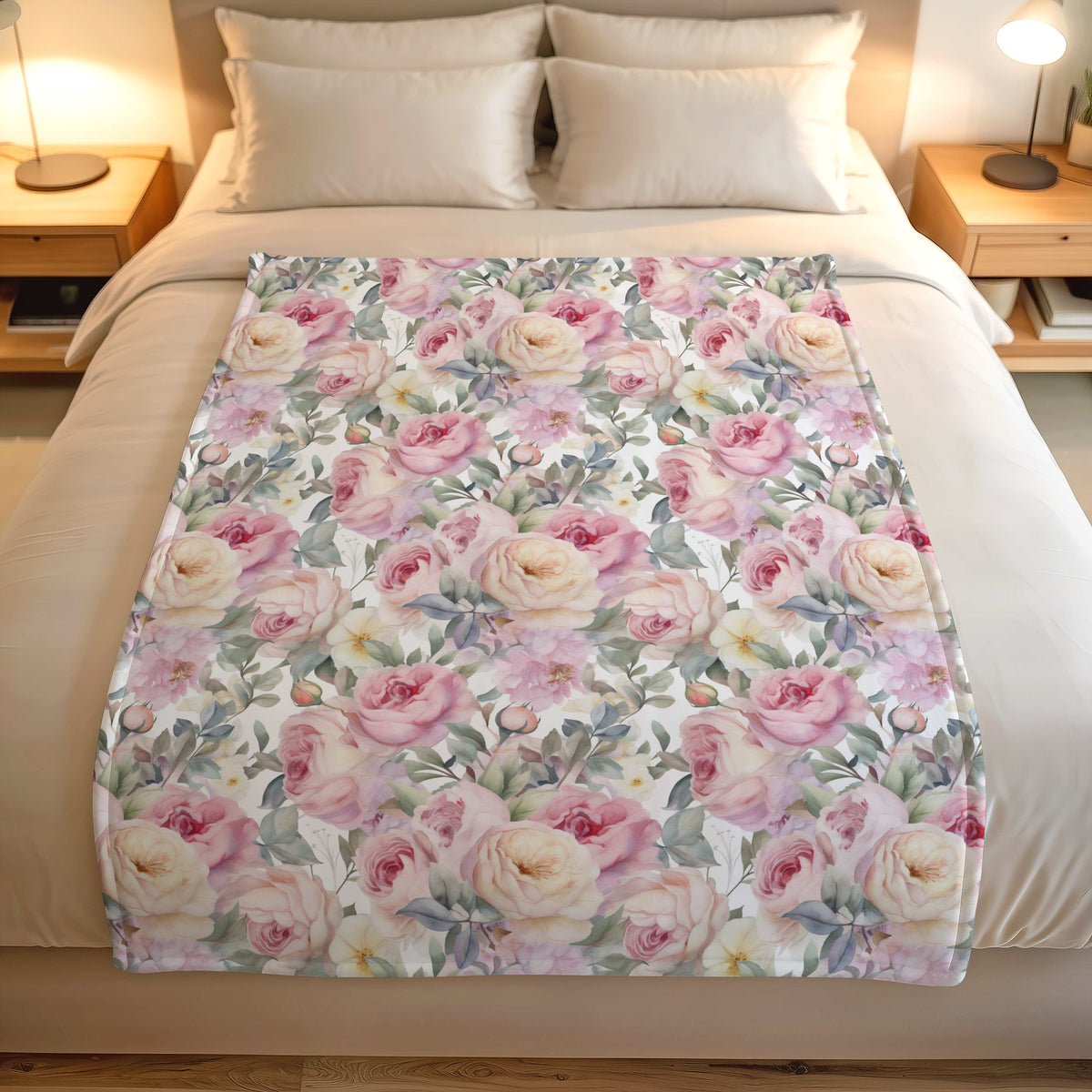 Lightweight fleece throw blanket with pink roses and pastel floral design, ideal for bedrooms and gifting in South Africa.