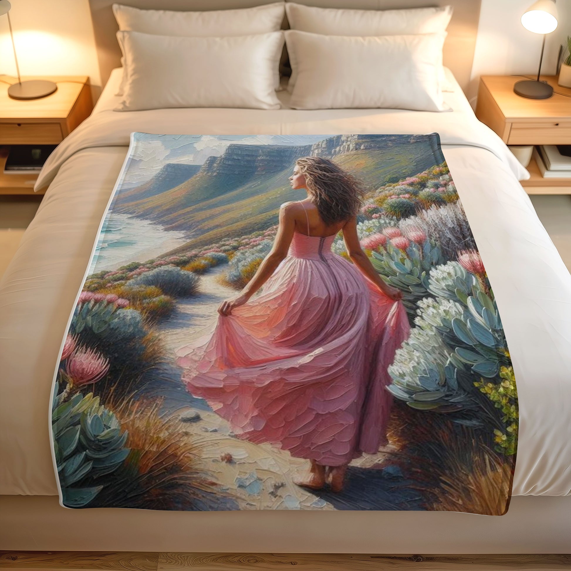 Soft coral fleece throw blanket South Africa with protea coastal design lightweight 1.5x1.5m decorative blanket