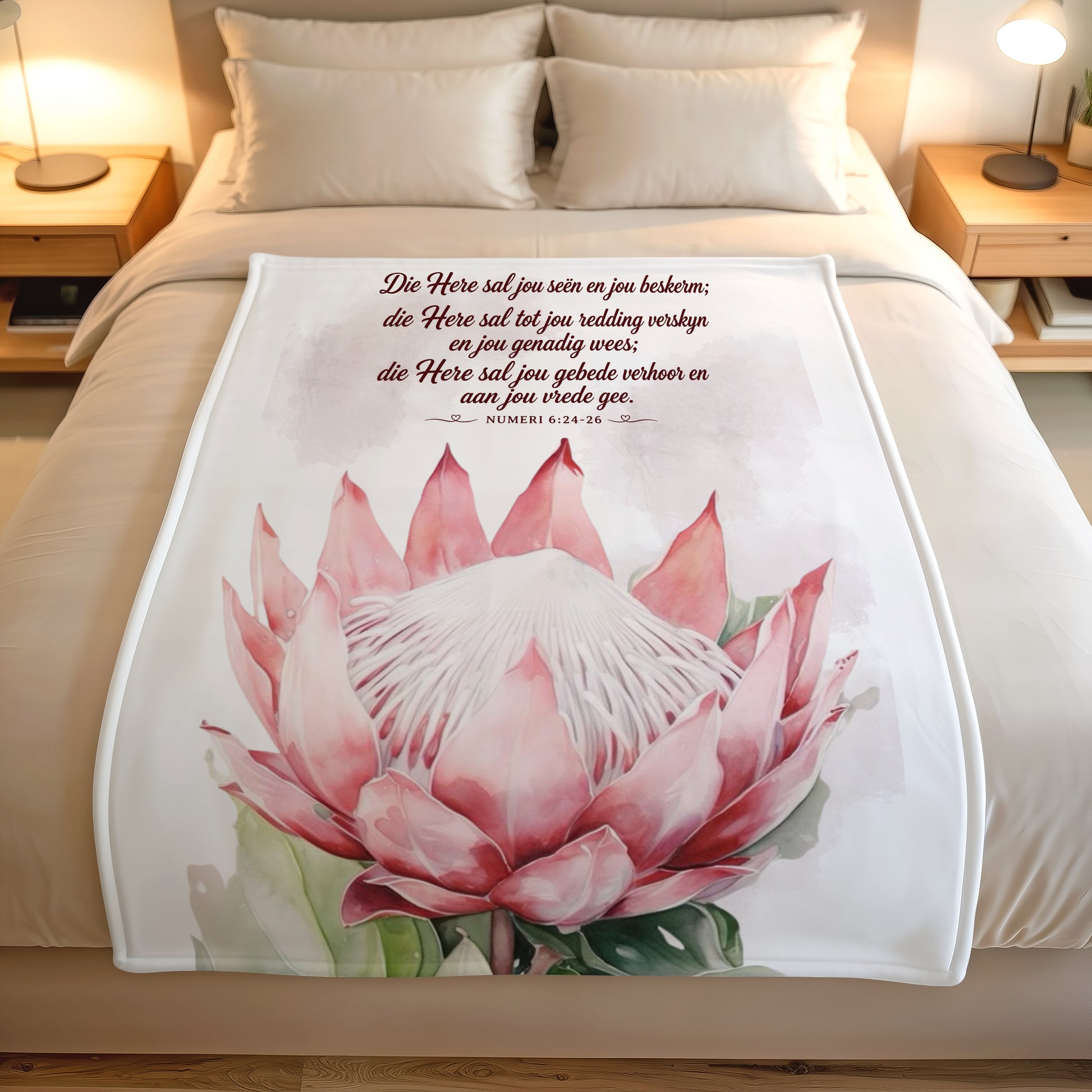 Afrikaans Numeri 6 fleece blanket with protea design South Africa