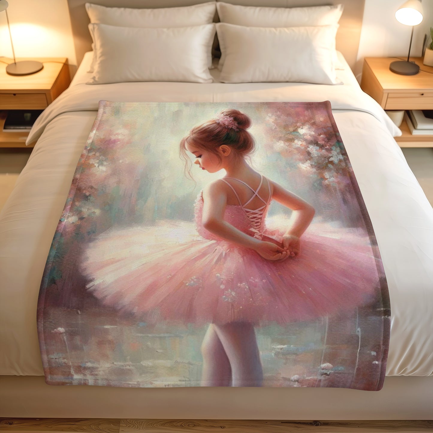 Ballerina lightweight fleece blanket on a white bed by Lily Grace Design South Africa