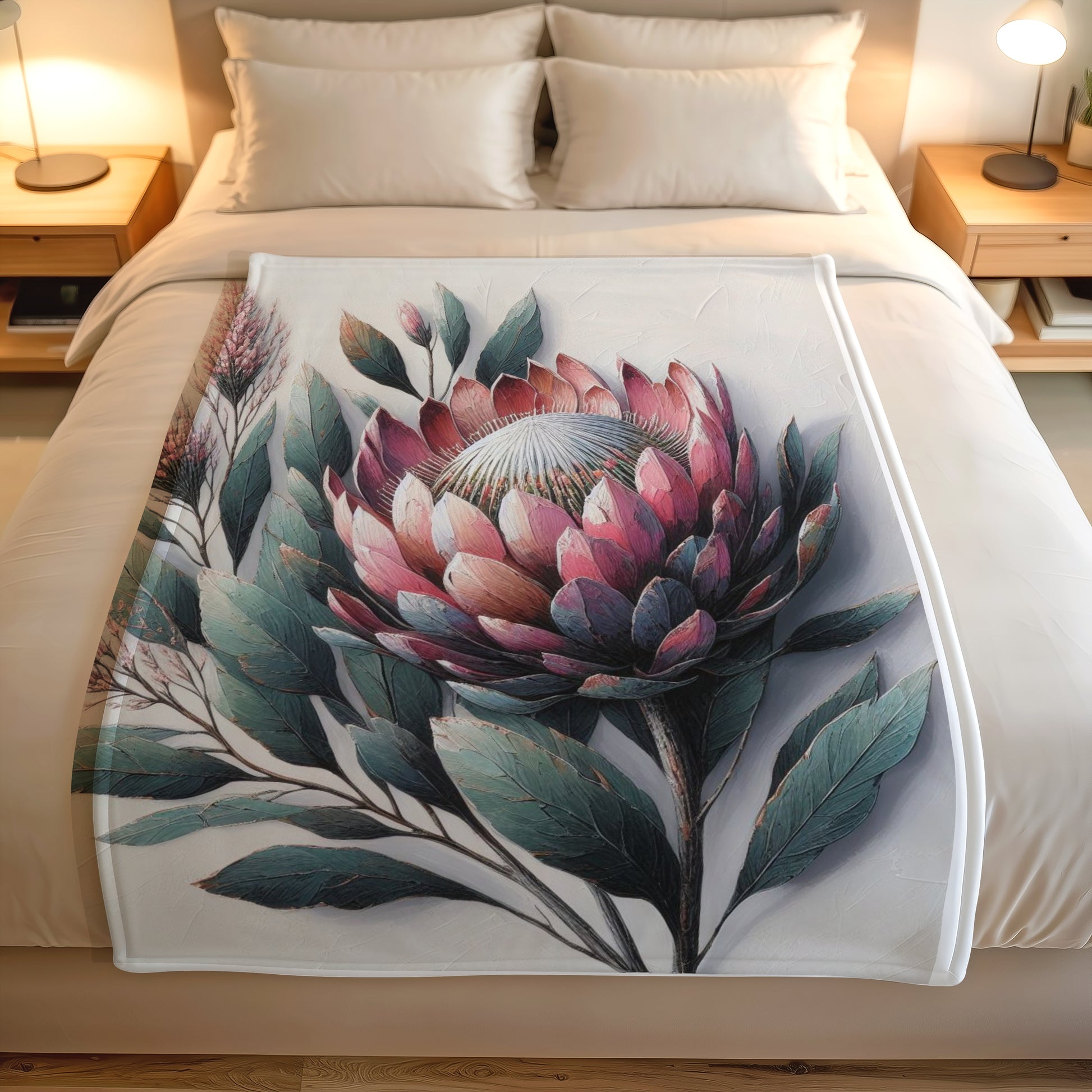 South African protea blanket with botanical flower print styled as a soft lightweight fleece throw