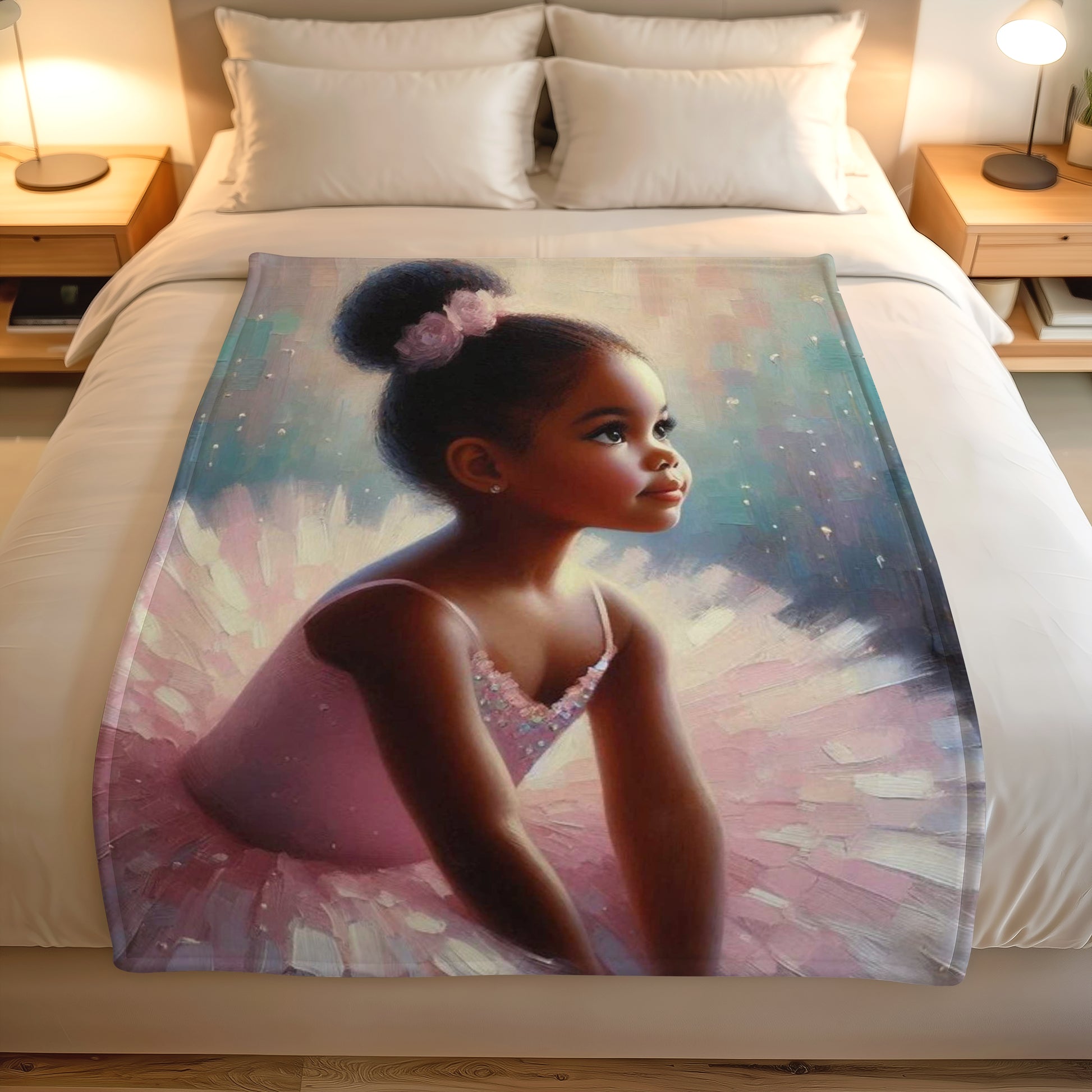 Ballet Belle lightweight fleece blanket with soft ballerina girl artwork on a white bed, Lily Grace Design South Africa