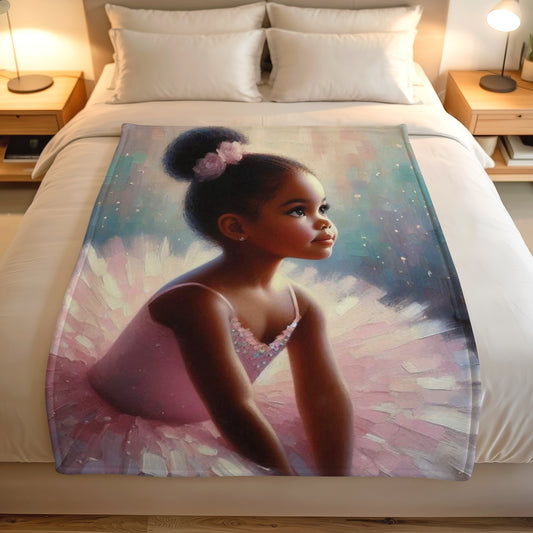 Ballet Belle lightweight fleece blanket with soft ballerina girl artwork on a white bed, Lily Grace Design South Africa