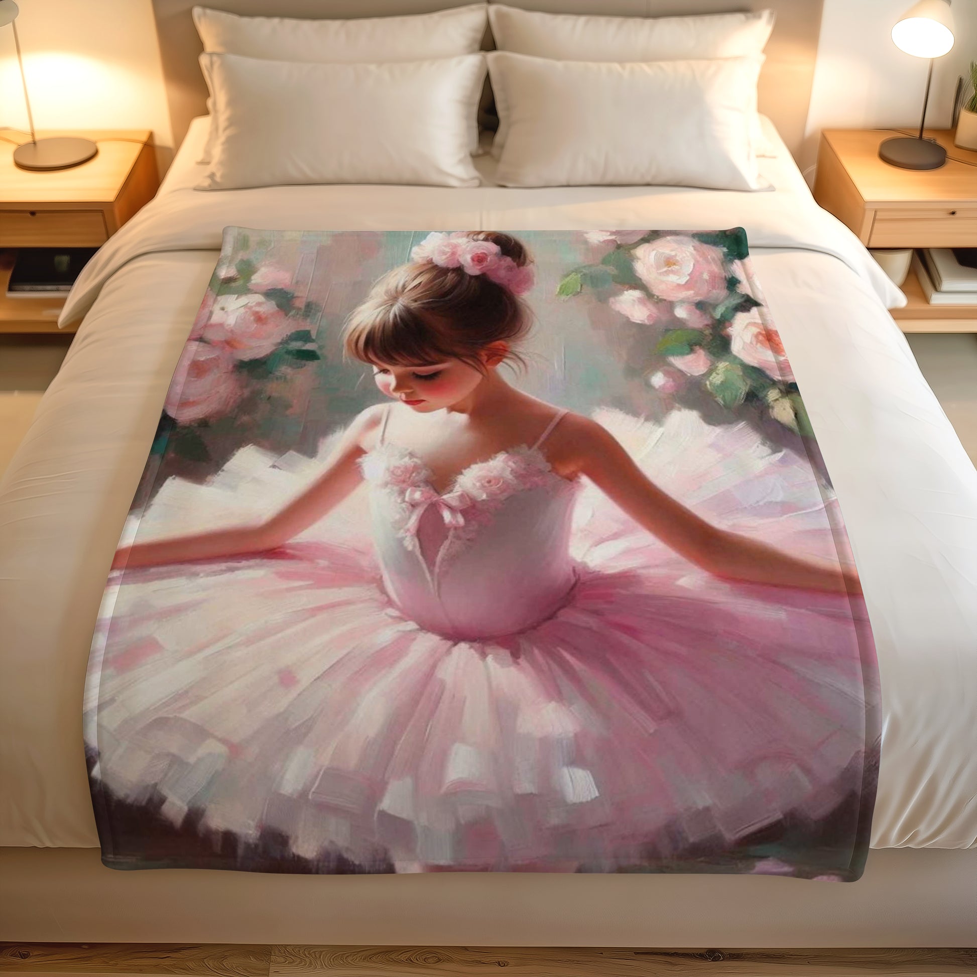 Girls ballerina fleece blanket featuring a soft pink tutu design, floral background and premium Lily Grace Design styling.