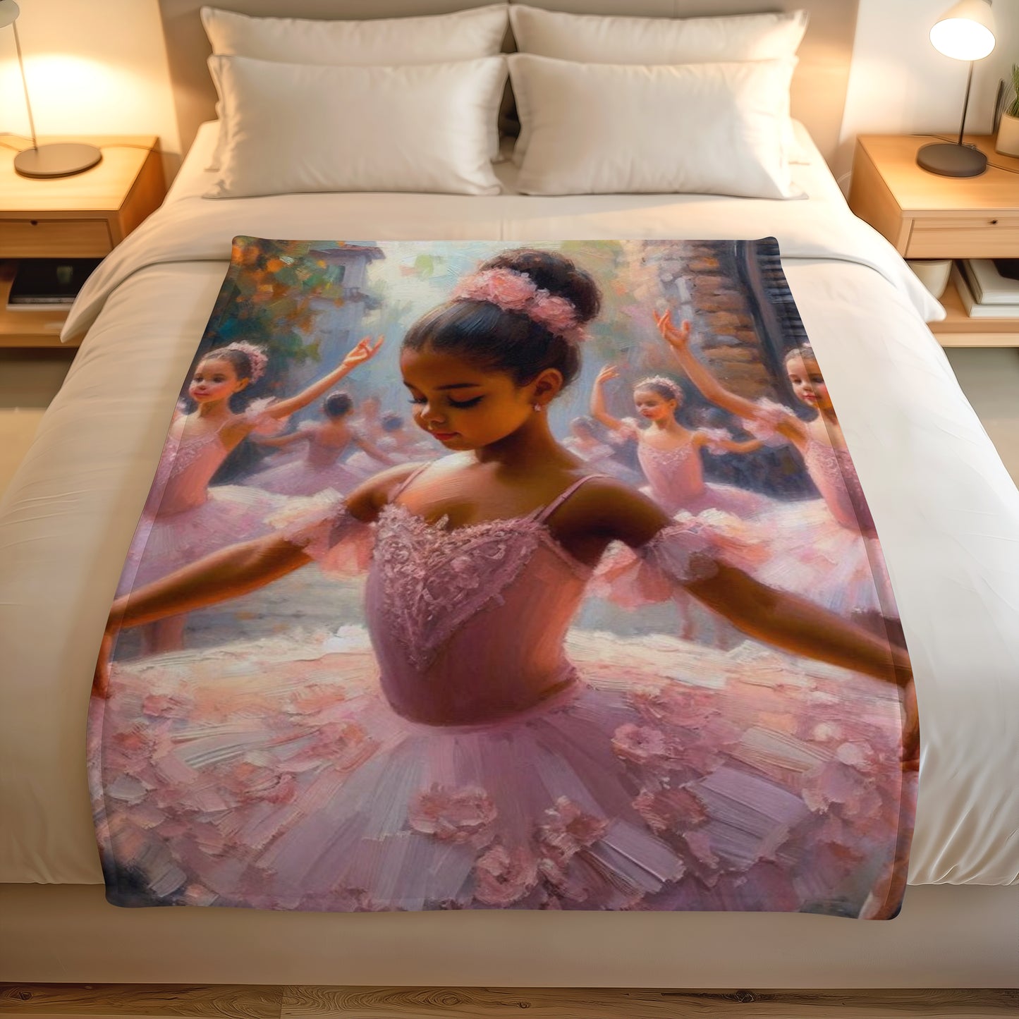 Ballet Princess lightweight fleece blanket on a white bed, featuring a pink ballerina artwork for a little girl’s bedroom.