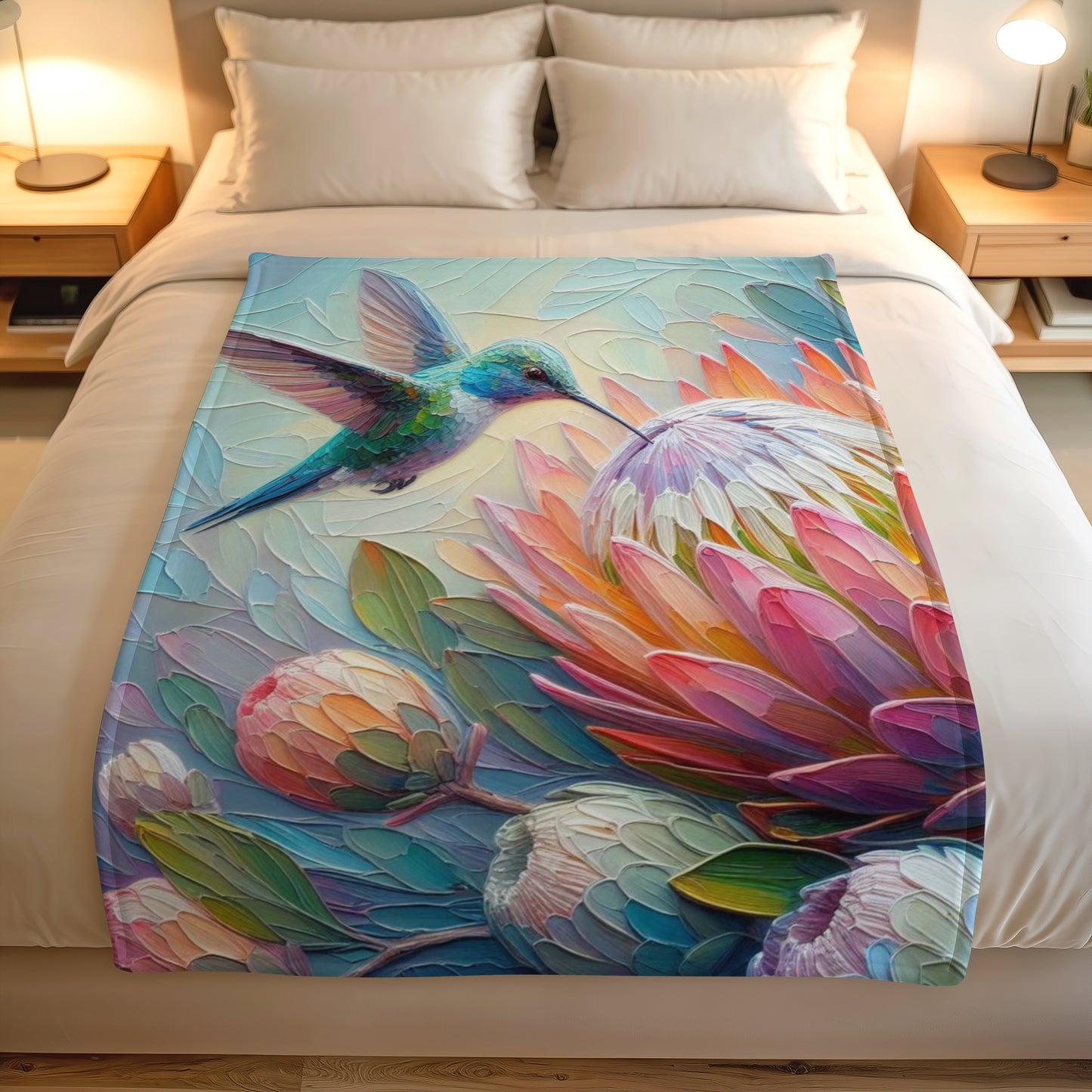 Printed lightweight fleece blanket with colourful protea flowers and hummingbird design, made for cosy everyday use.