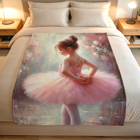 Lightweight ballerina fleece blanket on a white bed, ready to ship from Lily Grace Design