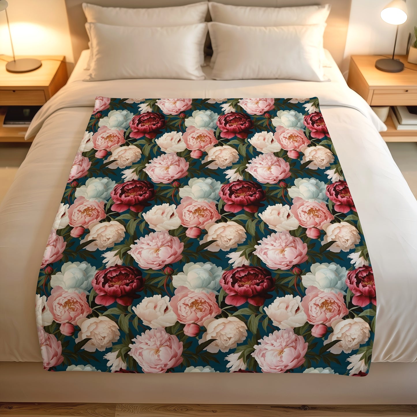 Soft lightweight fleece throw blanket featuring vintage-style pink flowers and green leaves for South African homes.