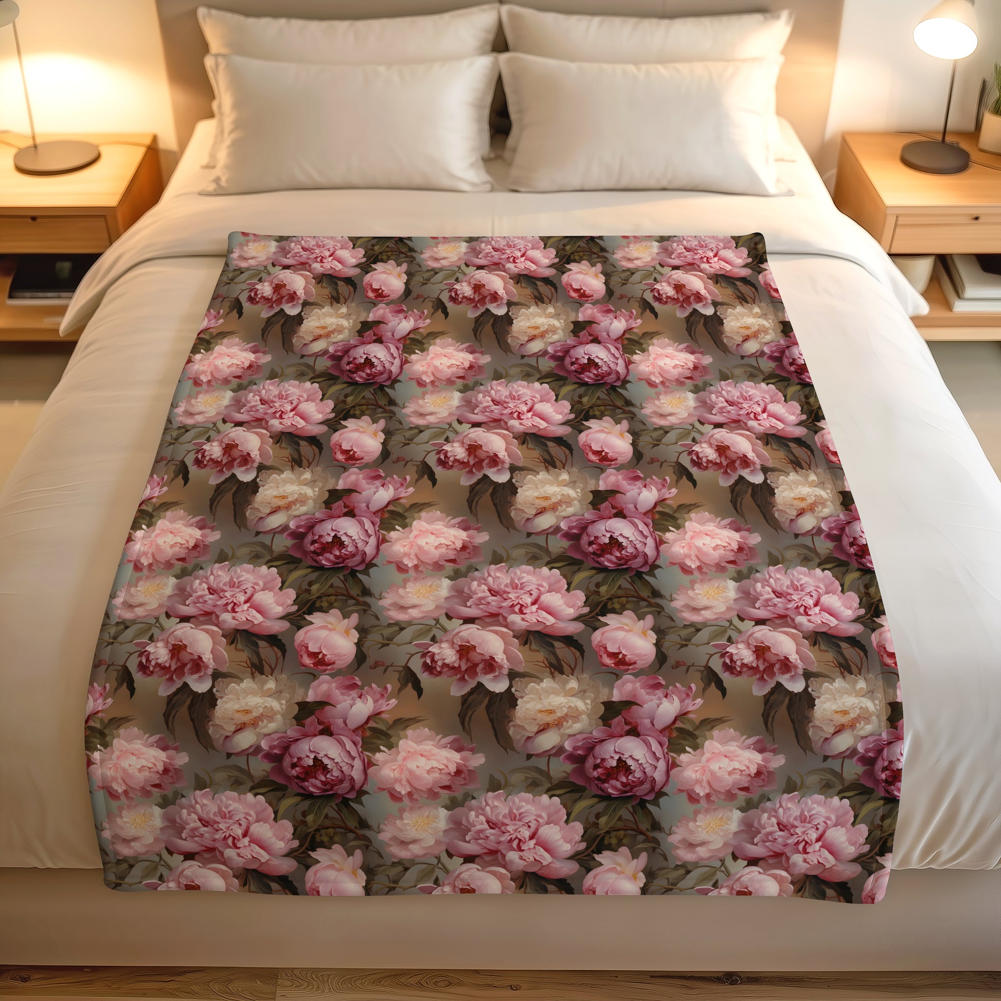 Floral lightweight fleece throw blanket featuring pink and cream blooms with a vintage-style print.