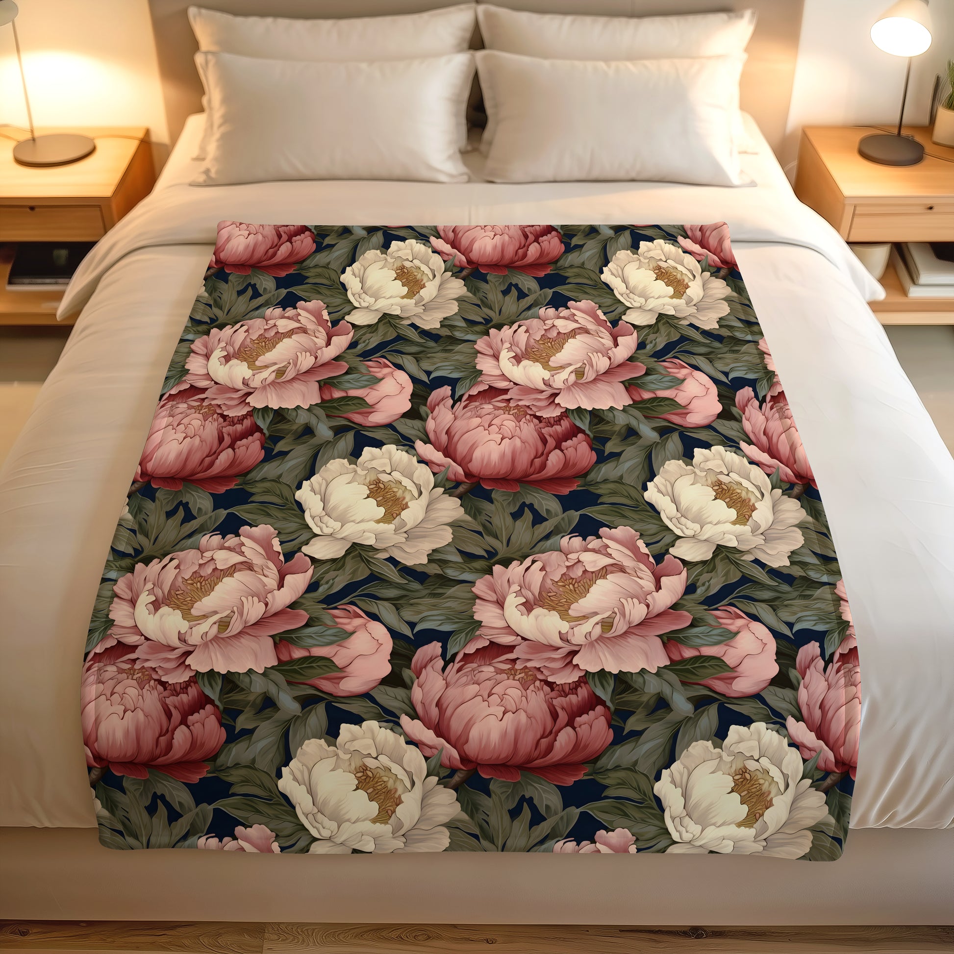 Soft lightweight fleece throw blanket featuring large blush pink flowers and cream blooms for South African homes.