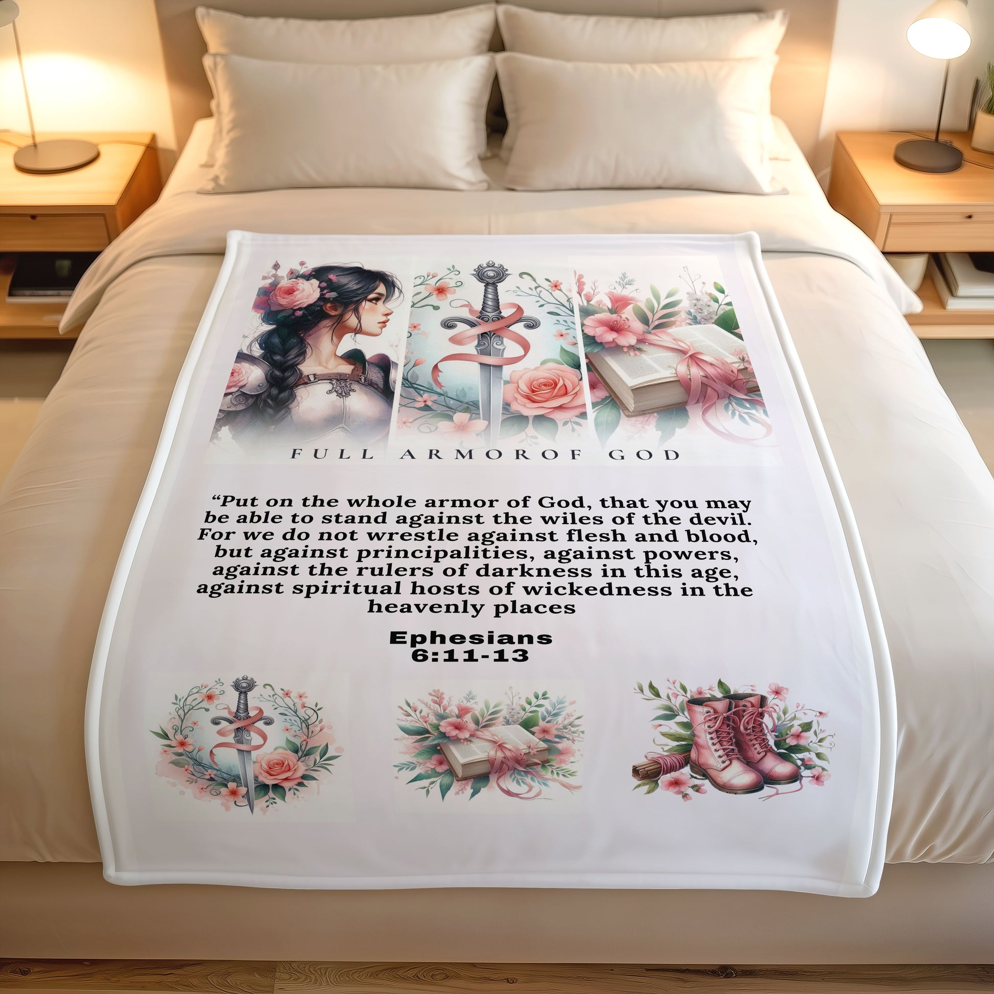 Armor o God fleece blanket on a bed. Perfect gift for her birthday