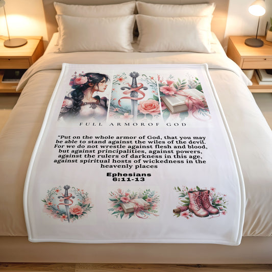 Armor o God fleece blanket on a bed. Perfect gift for her birthday