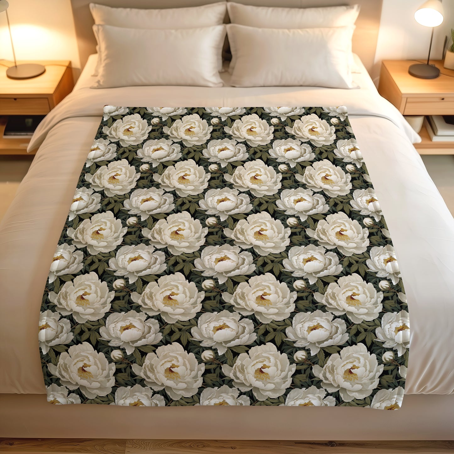 Floral lightweight fleece blanket with white peony-style blooms on a dark botanical print.