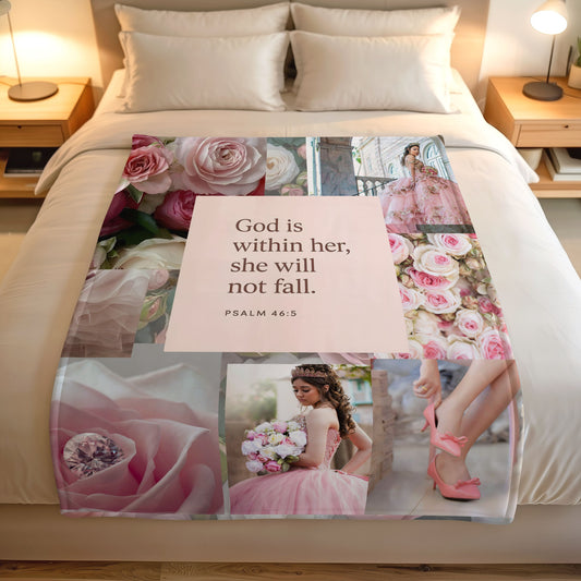 God is within her. christian bedding on a bed