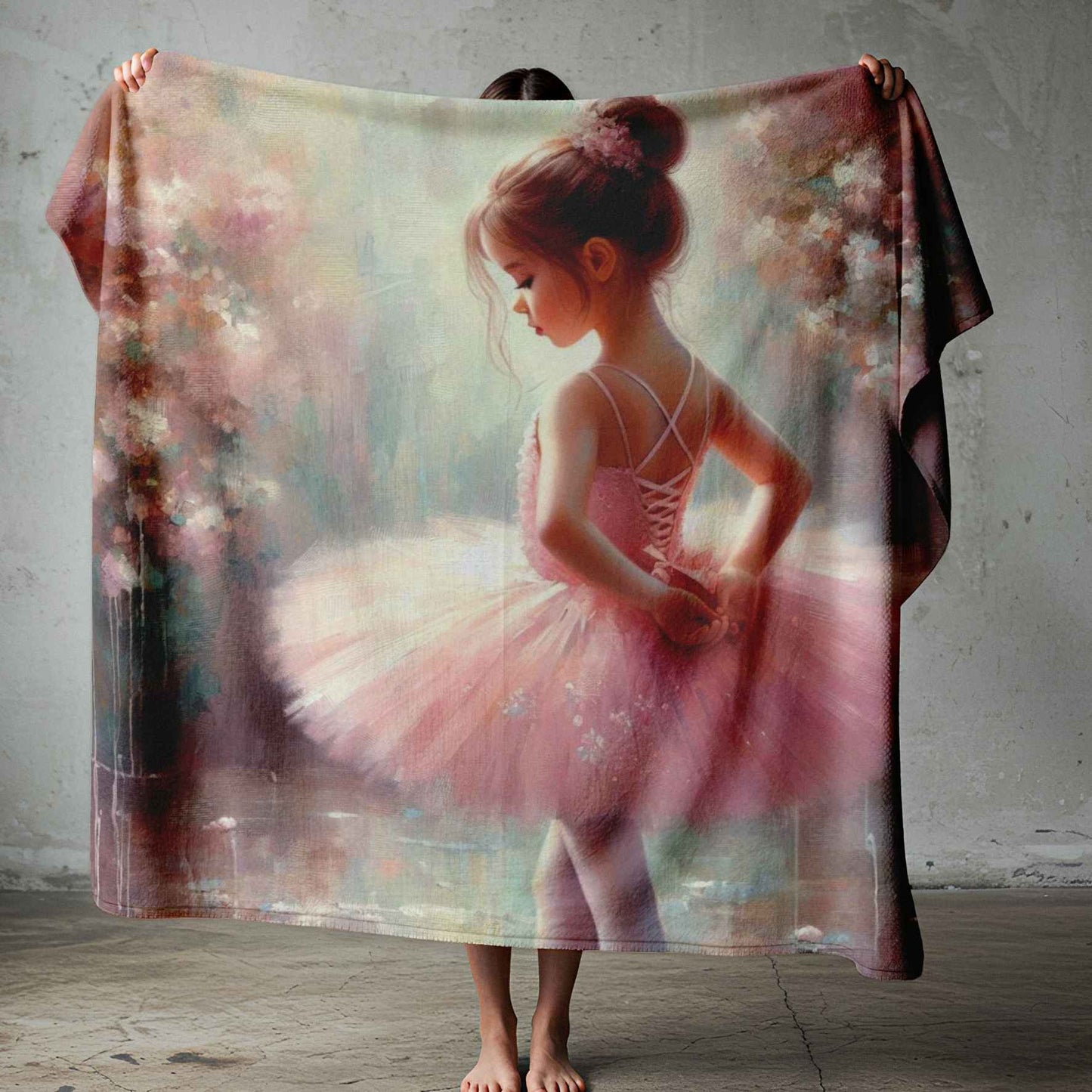 Soft pink ballet girl fleece blanket with integrated printed artwork for a child’s bedroom