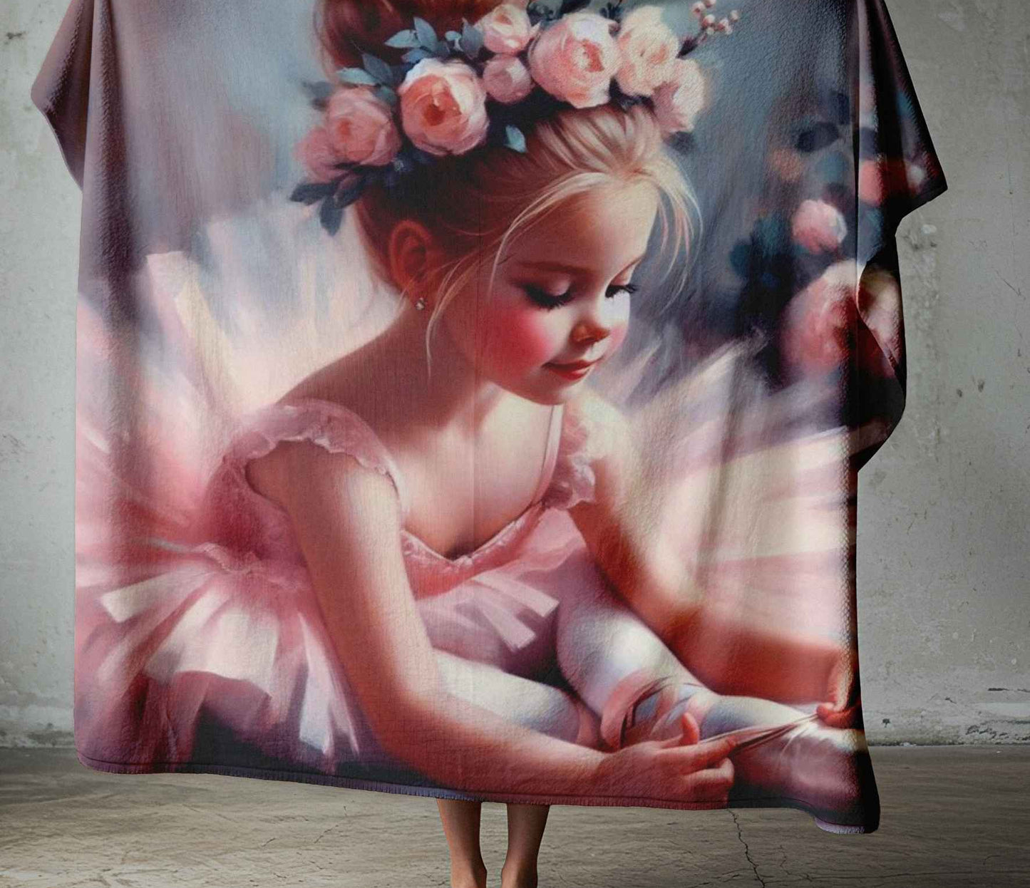 Lightweight fleece blanket with ballerina girl illustration, pink tutu, floral headpiece and soft pastel colours for a child’s bedroom.