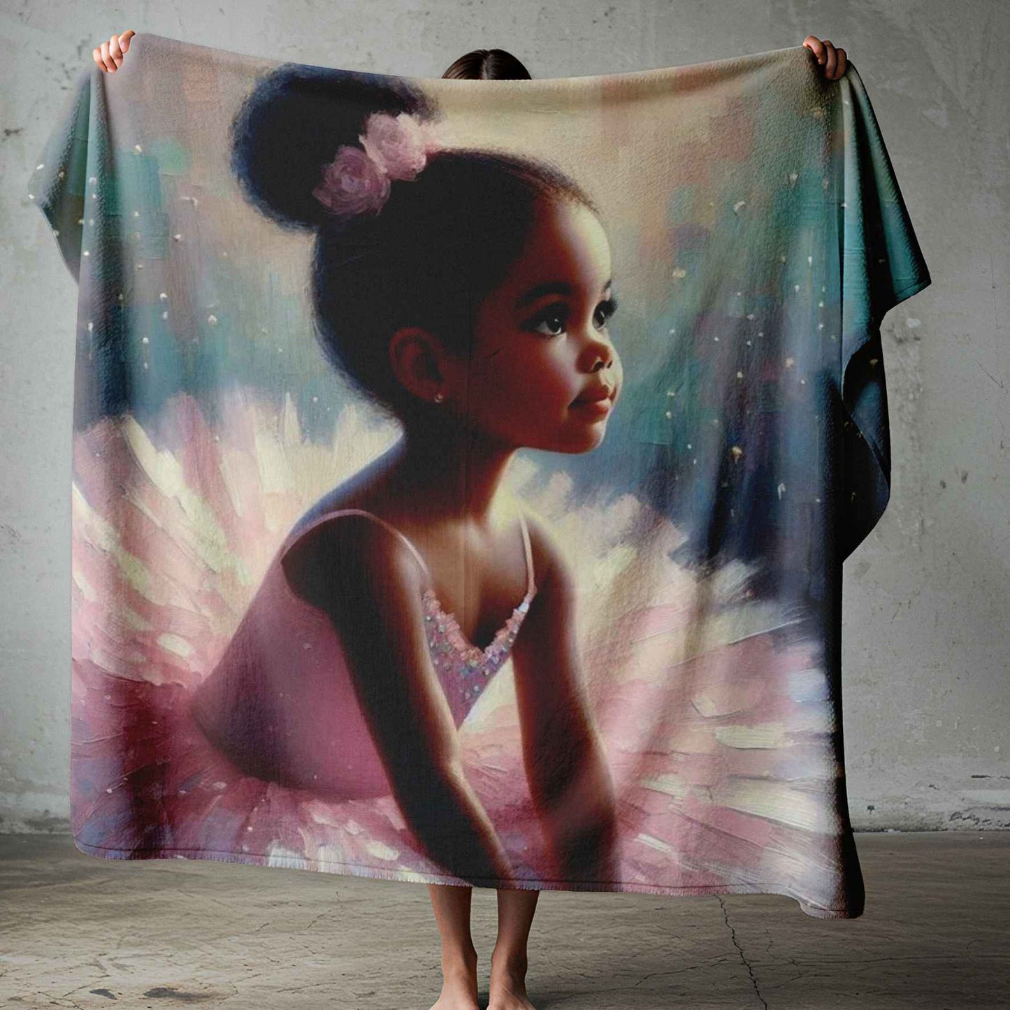 Girls ballet fleece blanket featuring a beautiful ballerina illustration in soft pink and pastel tones