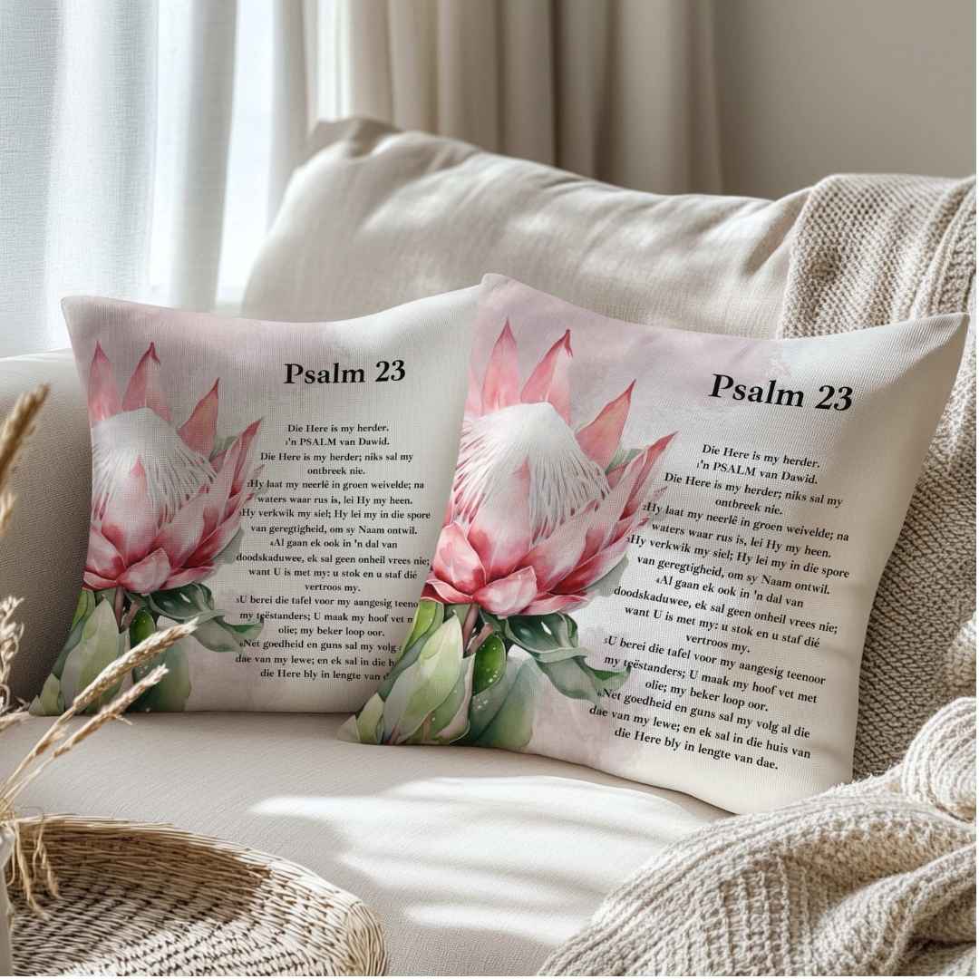 Protea Psalm 23 cotton scatter cushion covers on cream couch, Christian home décor South Africa