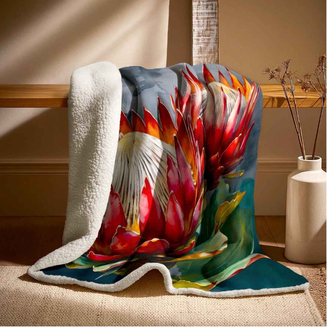 Protea double layer fleece blanket with soft white sheep fleece lining draped over a leather couch