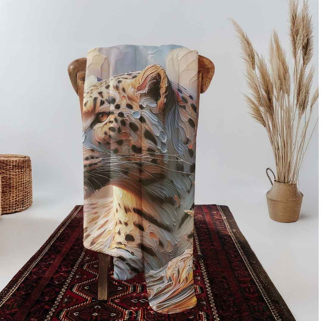 Premium leopard print fleece blanket featuring rich earthy tones and artistic animal detailing.