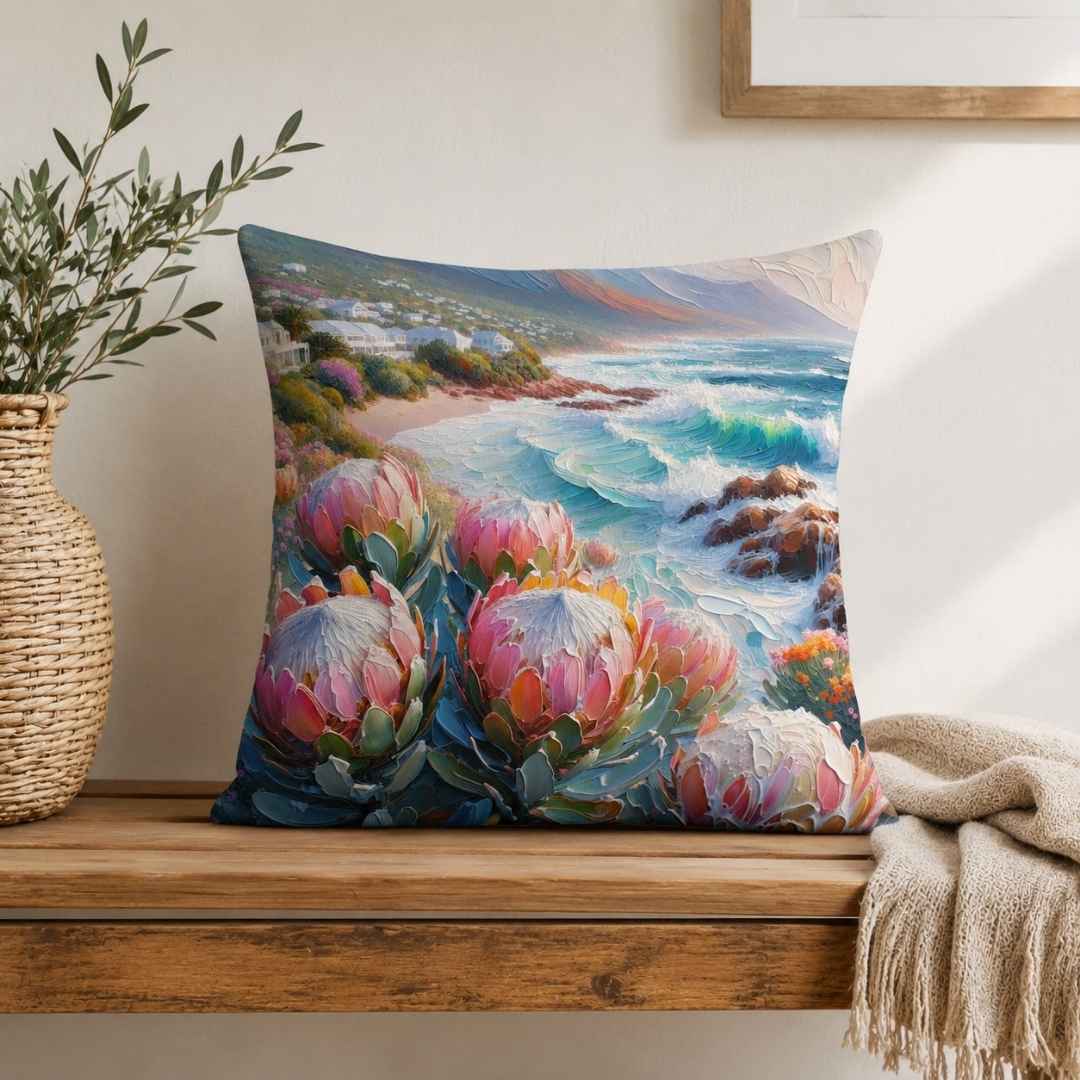 Square cotton cushion cover featuring a colourful protea coastal scene styled on a cream sofa