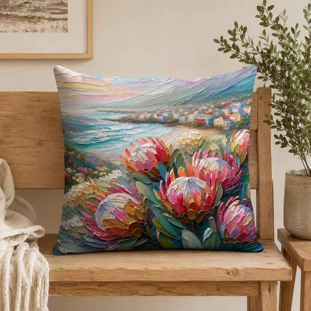 Square cotton protea cushion cover styled on a neutral sofa in a South African home