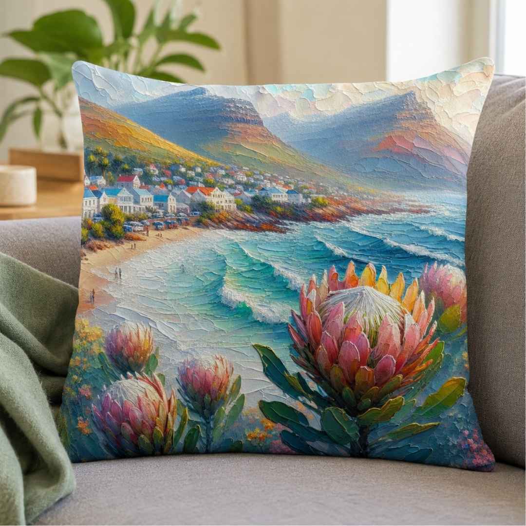 Coastal Protea decorative cushion cover styled on a neutral bed with detailed ocean and floral artwork.
