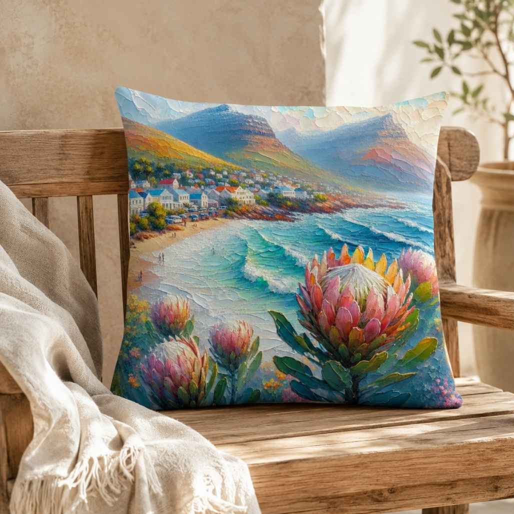 Coastal Protea cotton scatter cushion cover with South African ocean, mountain and floral artwork on a neutral sofa.