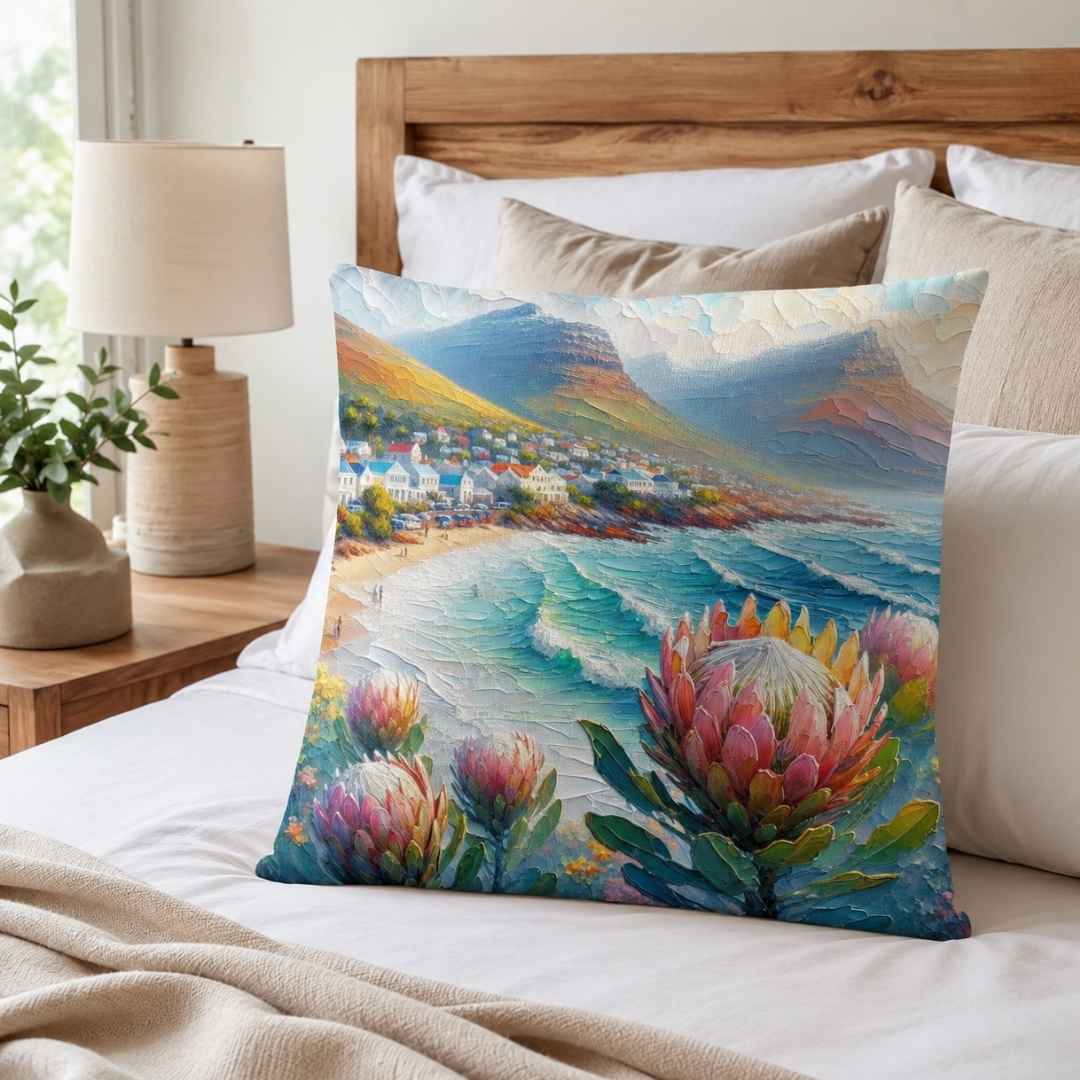 Cotton coastal scatter cushion displayed on a wooden bench in a relaxed South African home interior.
