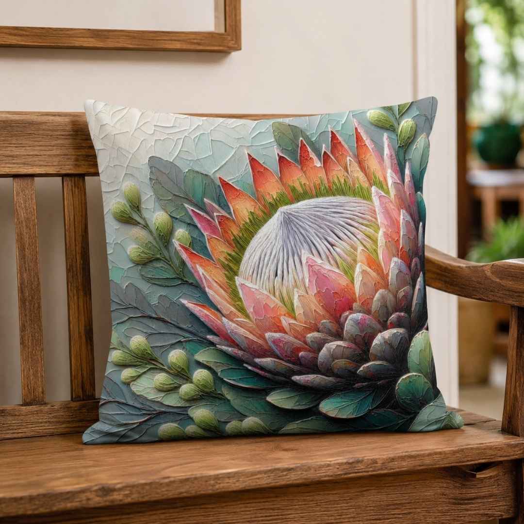 Colourful protea scatter cushion cover with coral, sage and teal botanical design