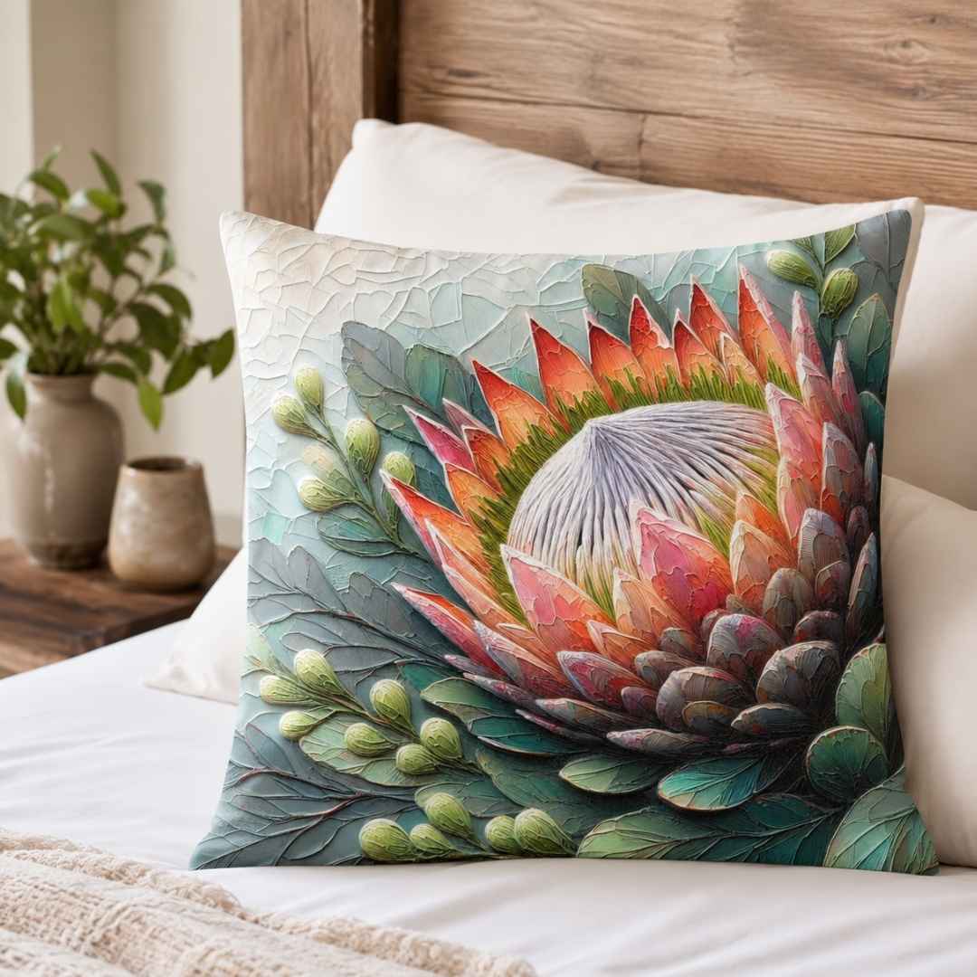 Cotton protea cushion cover styled on a wooden bench for South African home décor