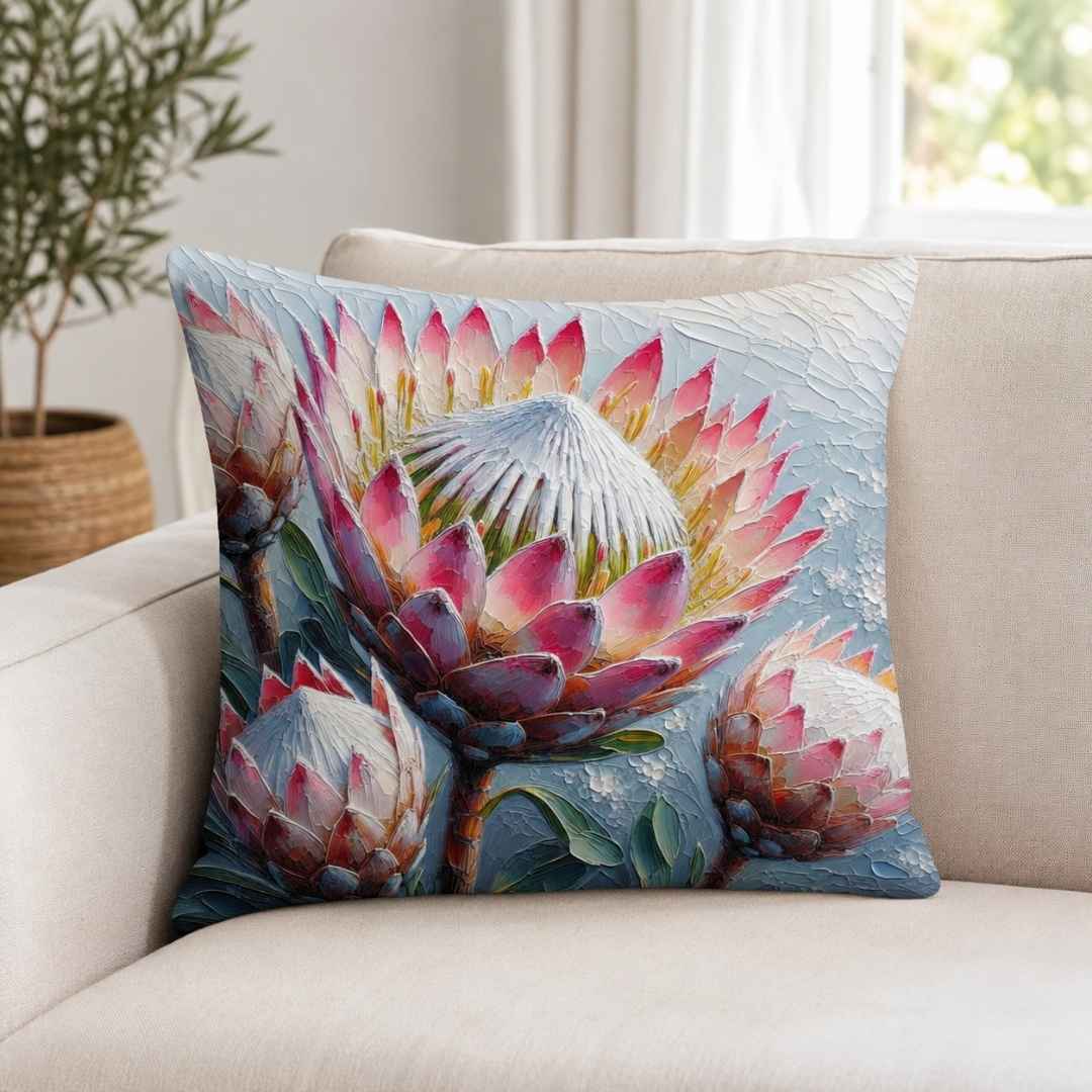 Cotton floral scatter cushion cover with detailed king protea artwork displayed on a neutral bed