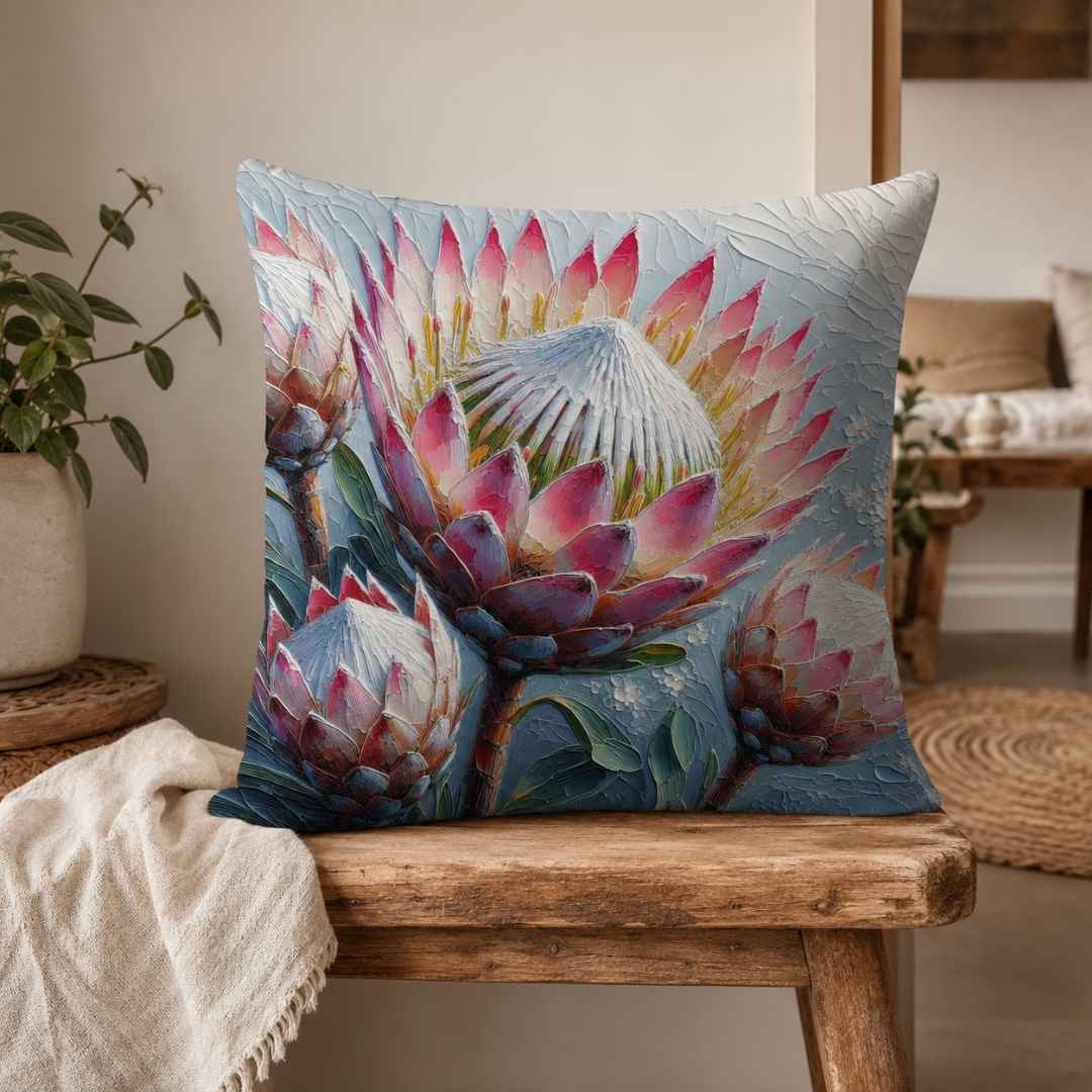 Protea Bloom cotton scatter cushion cover with pink, blue and burgundy floral design in a South African home