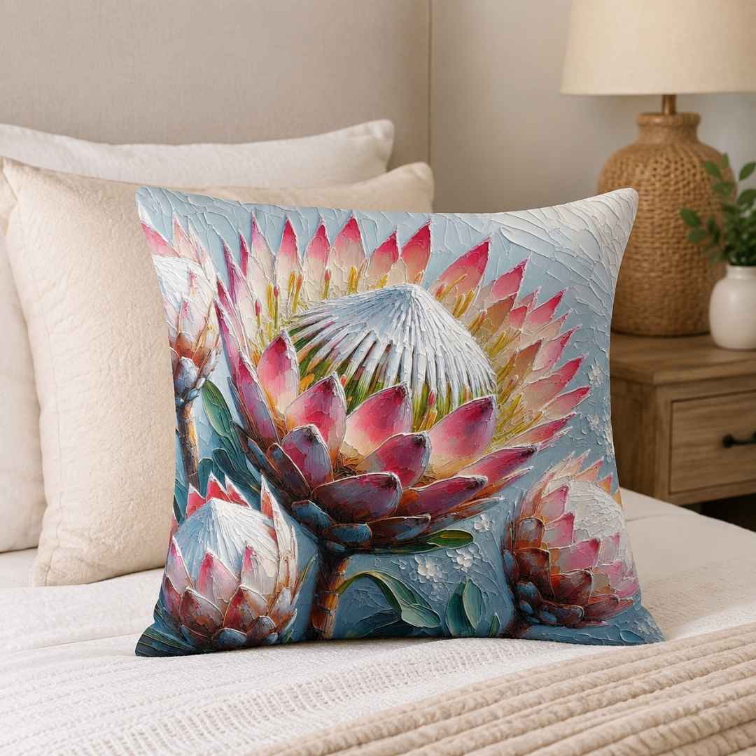 Square protea cotton cushion cover displayed on a neutral sofa by Lily Grace Design South Africa