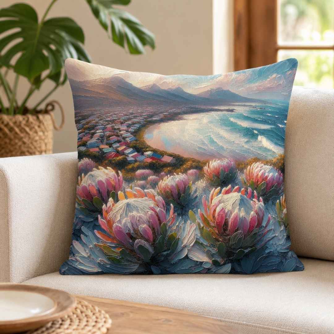 Coastal protea cotton scatter cushion cover with ocean, mountain and floral design in a South African living room