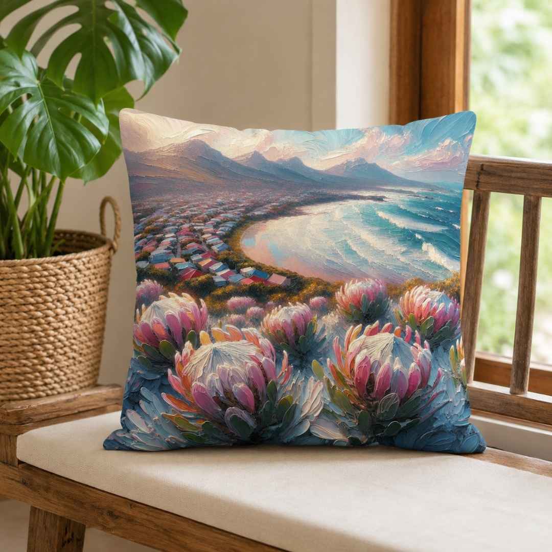 Cotton cushion cover featuring a coastal landscape and pink proteas styled on a wooden bench