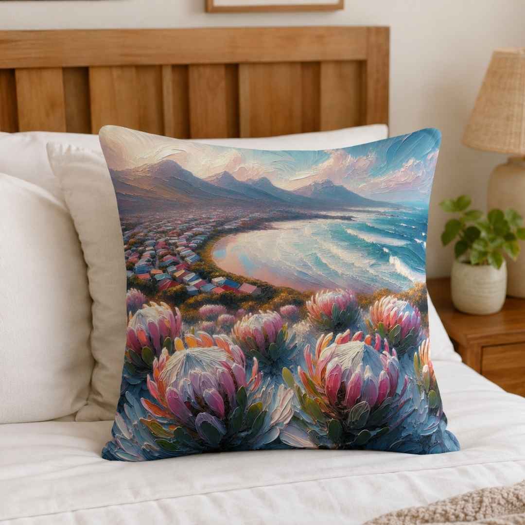 South African protea scatter cushion cover in blue, pink and soft neutral tones on a cream sofa