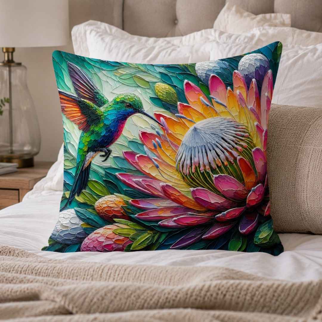 Close-up of Lily Grace Design hummingbird protea cotton cushion with vivid pink, teal, green and orange detail