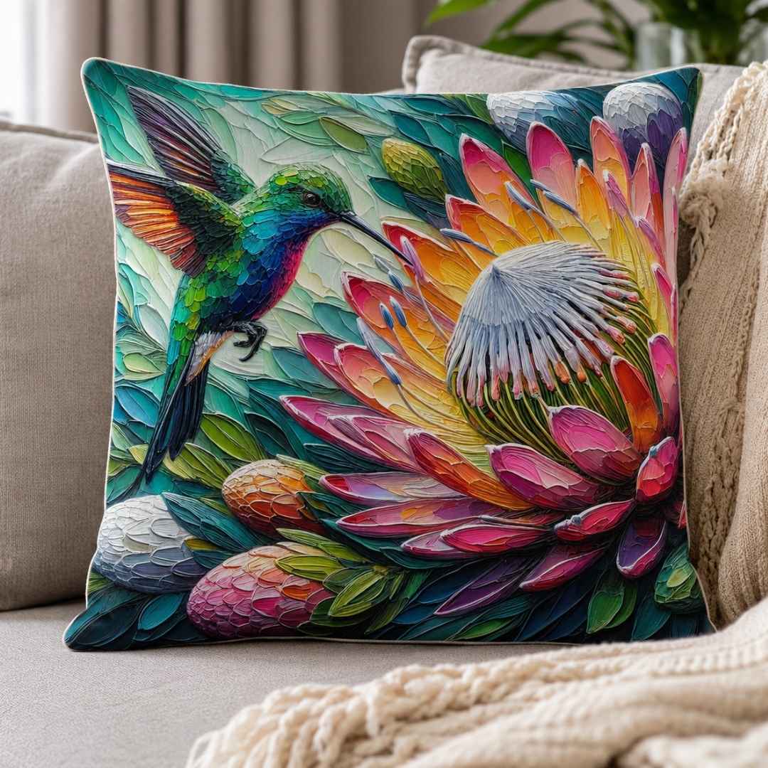 Hummingbird and colourful protea cotton scatter cushion cover styled on a neutral sofa in a South African home