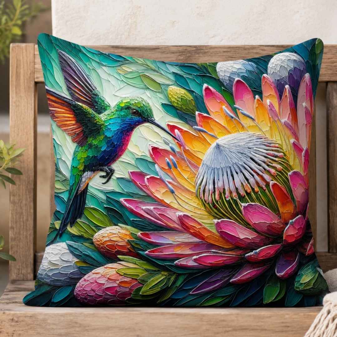 Colourful hummingbird and protea scatter cushion cover displayed on a natural wooden bench