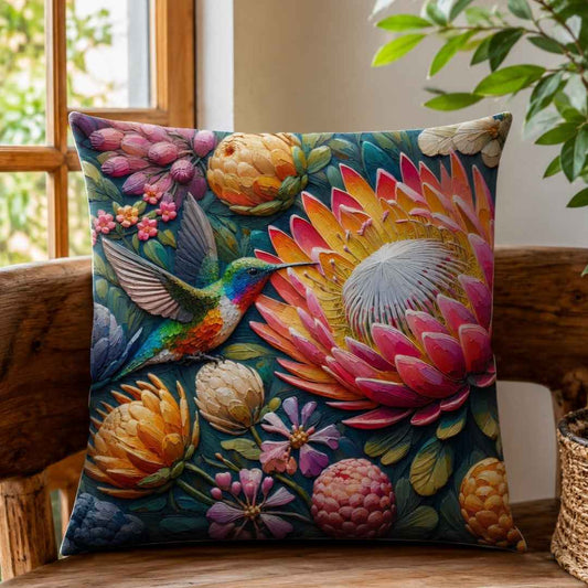 Hummingbird and protea cotton scatter cushion cover by Lily Grace Design South Africa