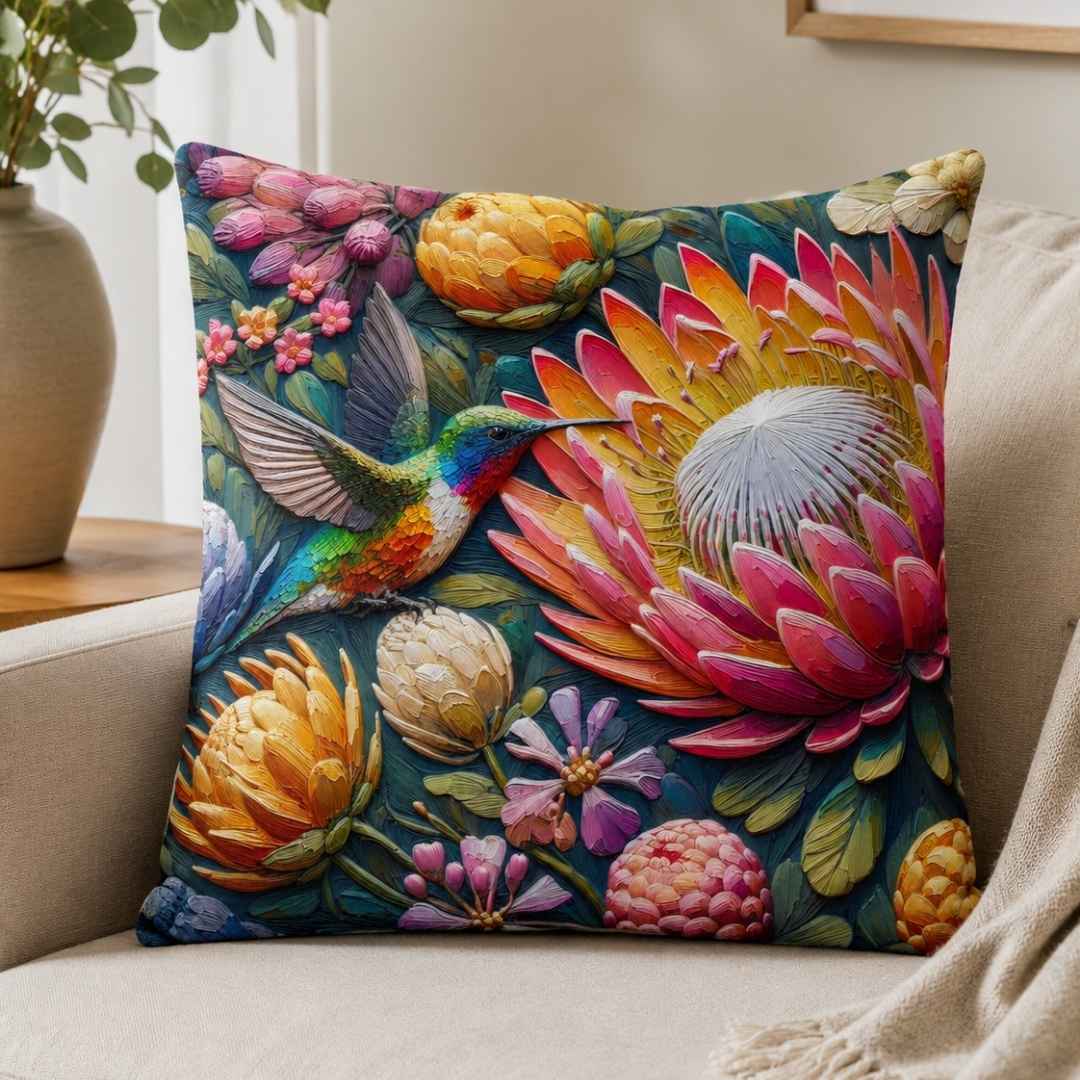 Colourful protea floral cushion cover with hummingbird displayed on a neutral sofa